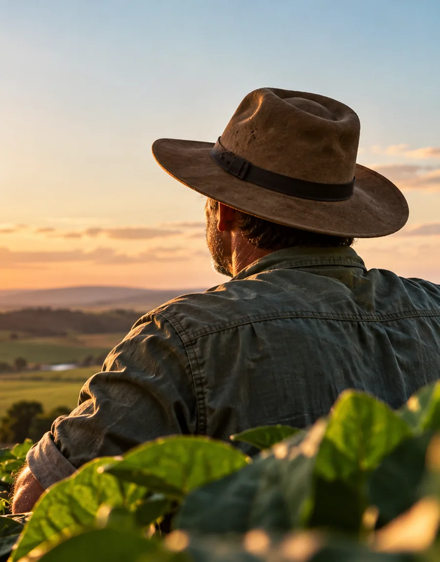 Paisagem agrícola ao pôr do sol — fotografia conceitual, sem identificação de um fornecedor específico